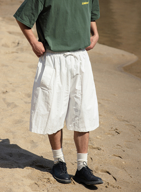 NOEARS夏季复古日系白色速干五分裤少年感薄款直筒大口袋宽松短裤
