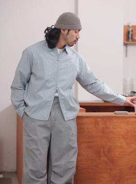 NOEARS春季复古风蓝色设计感双拉链长袖宽松衬衣翻领条纹衬衫上衣