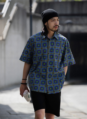 NOEARS日系复古蓝紫色暗门襟花衬衫夏季痞帅方领休闲宽松上衣