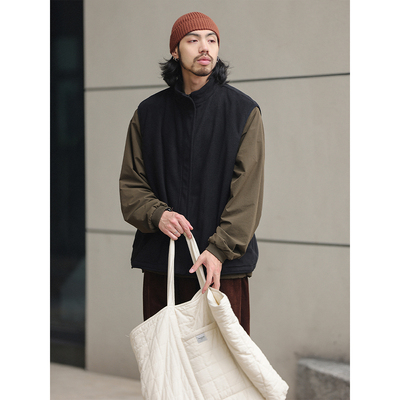 NOEARS日系复古叠穿黑色摇粒绒马甲背心秋冬无袖宽松保暖通勤外套