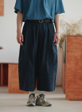 NOEARS夏季藏青色宽松显瘦直筒复古八分裤日系设计感阔腿休闲裤