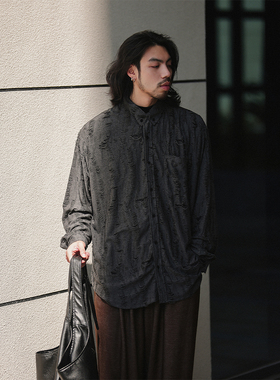 NOEARS日系复古设计款黑色洞洞长袖宽松衬衫春秋痞帅休闲通勤衬衣