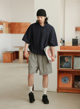 NOEARS夏季复古黑色短袖衬衫夏季薄款娃娃领宽松落肩袖情侣衬衣