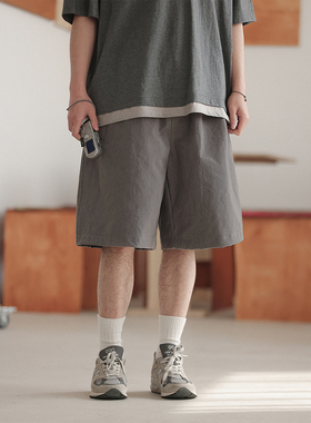 NOEARS春夏灰色情侣款松紧腰休闲短裤日系复古宽松抽绳纯色五分裤
