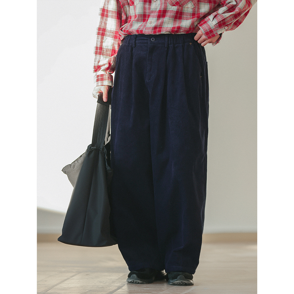 NOEARS日系复古藏青色灯芯绒阔腿裤显瘦后腰松紧宽松工装休闲裤