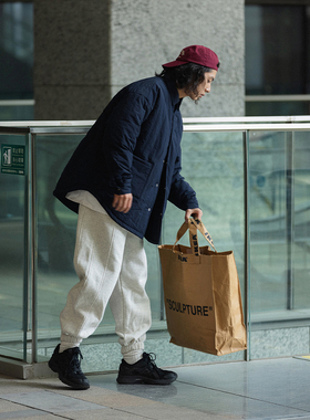 NOEARS藏青色户外尼龙防水两面穿衬衫式夹薄棉外套秋冬翻领棉服潮