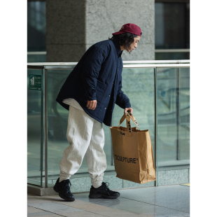 NOEARS藏青色户外尼龙防水两面穿衬衫 夹薄棉外套秋冬翻领棉服潮 式