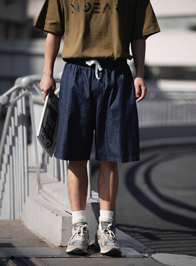 NOEARS深蓝色薄款纯棉牛仔短裤男夏季不过膝百慕大直筒宽松裤子潮