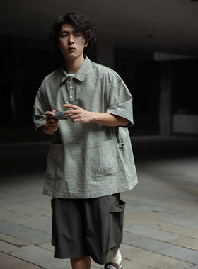 NOEARS夏季复古cityboy绿色条纹拼接短袖衬衣半门襟宽松衬衫男