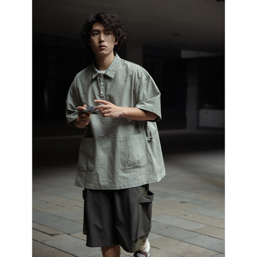 NOEARS夏季复古cityboy绿色条纹拼接短袖衬衣半门襟宽松衬衫男 - 封面