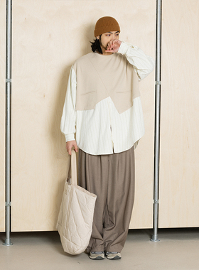 NOEARS春季复古杏色条纹拼接假两件长袖衬衫日系设计感套头上衣