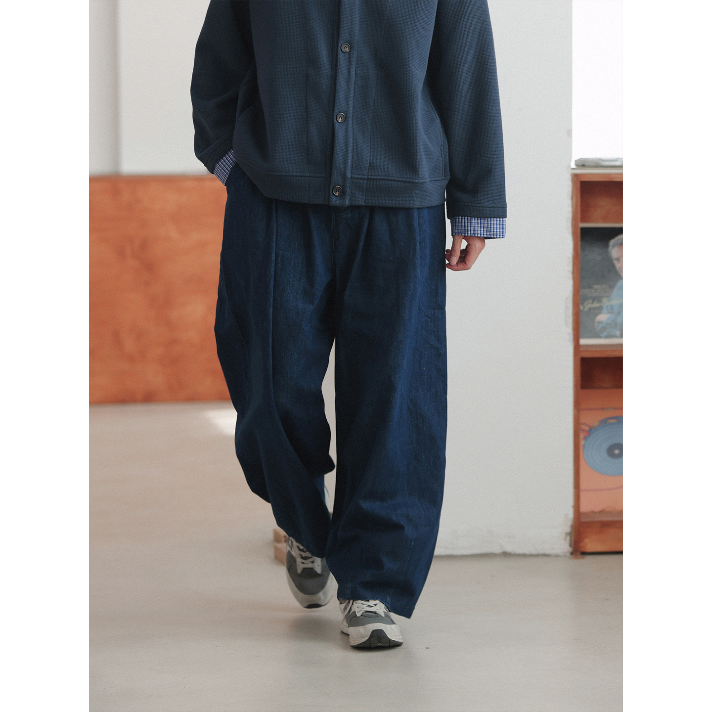 NOEARS日系复古少年感松紧腰蓝色宽松牛仔裤秋季水洗直筒长裤