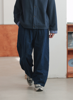 NOEARS日系复古少年感松紧腰蓝色宽松牛仔裤春秋水洗直筒长裤