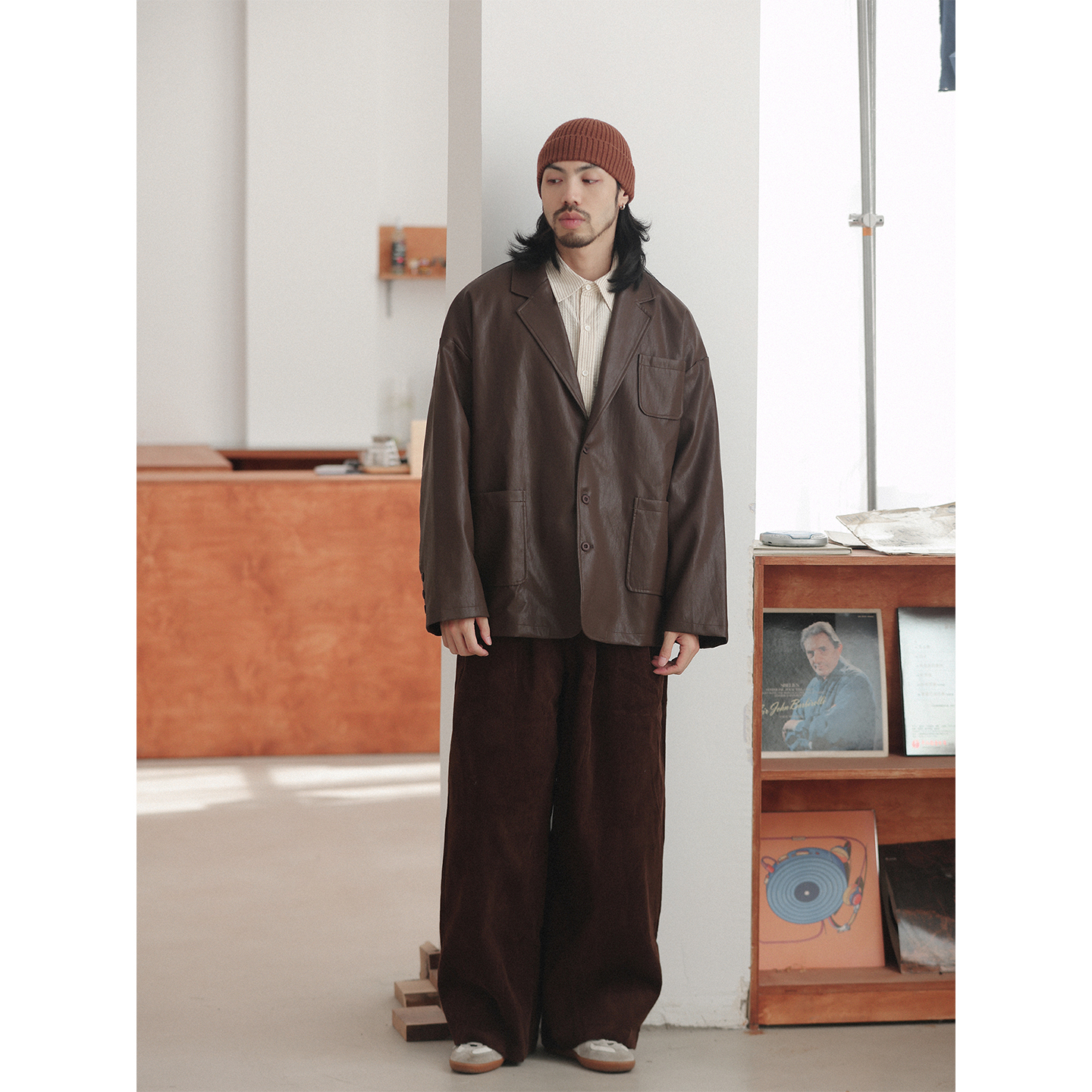 NOEARS秋季复古设计感宽松廓形咖色西装日系复古高级感pu皮衣夹克