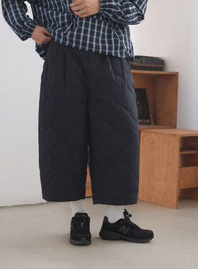 NOEARS日系复古军绿色葫芦格加绒夹棉八分裤加厚保暖松紧腰工装裤