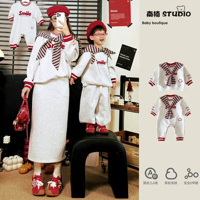 海军风亲子装秋冬一家三口婴儿外出服洋气韩系母女字母卫衣套装潮