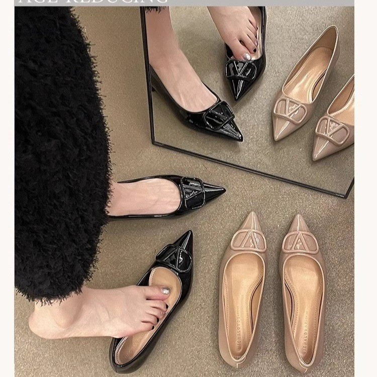 高跟鞋女2025年春季新款法式裸色漆皮尖头浅口内增高百搭通勤单鞋