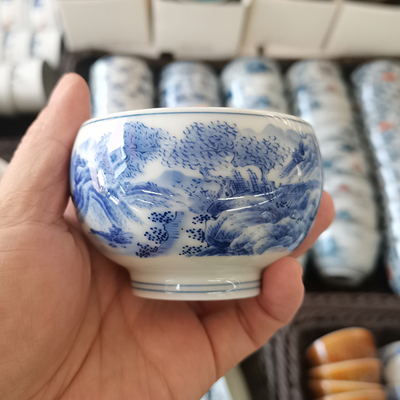 复古青花陶瓷山水主人杯茶杯