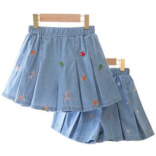 女童全棉水洗牛仔短裤儿童中大童刺绣短裙裤夏装新品薄款外穿热裤
