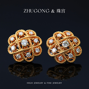 复古时尚 珠宫 大气 钻石系列 镂空编织麻花纹钻石耳钉 经典