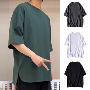 肥仔宽松大码300斤圆弧下摆开叉短袖T恤男夏季潮牌纯棉休闲半袖衫