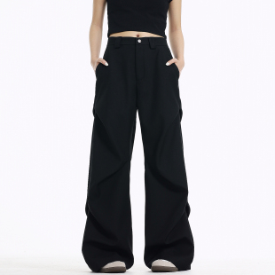 特大码300斤微喇褶皱西裤男款春秋休闲裤子美式高街阔腿弯刀裤INS