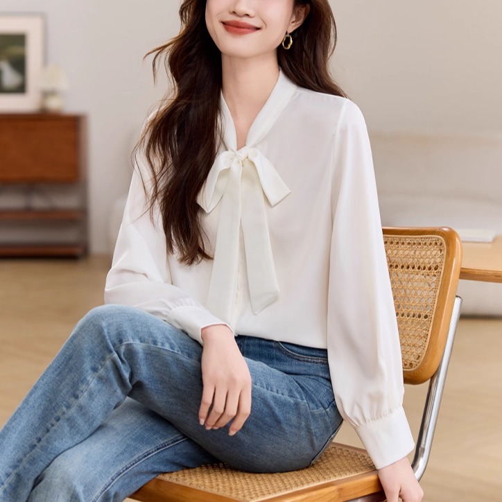 蝴蝶结飘带长袖白衬衫女职业工装