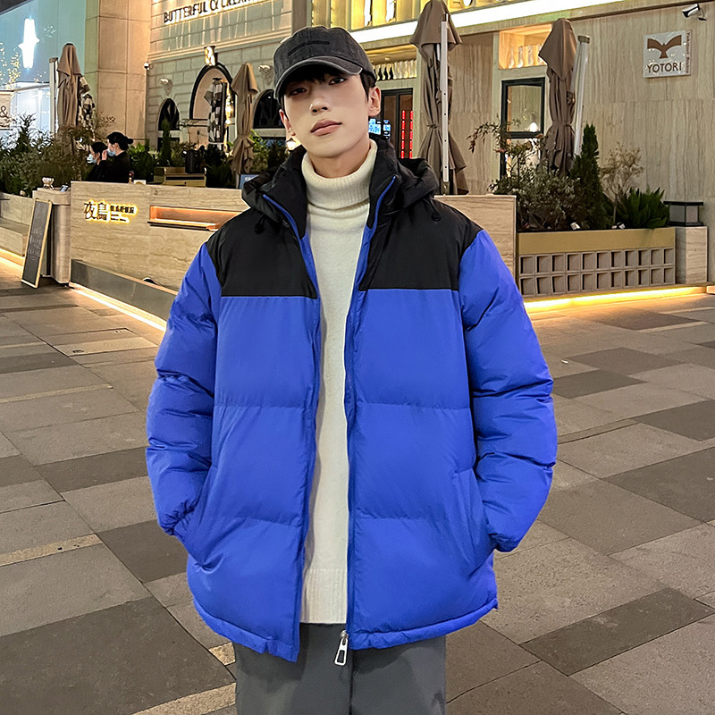 男冬季加厚保暖撞色拼接连帽棉衣