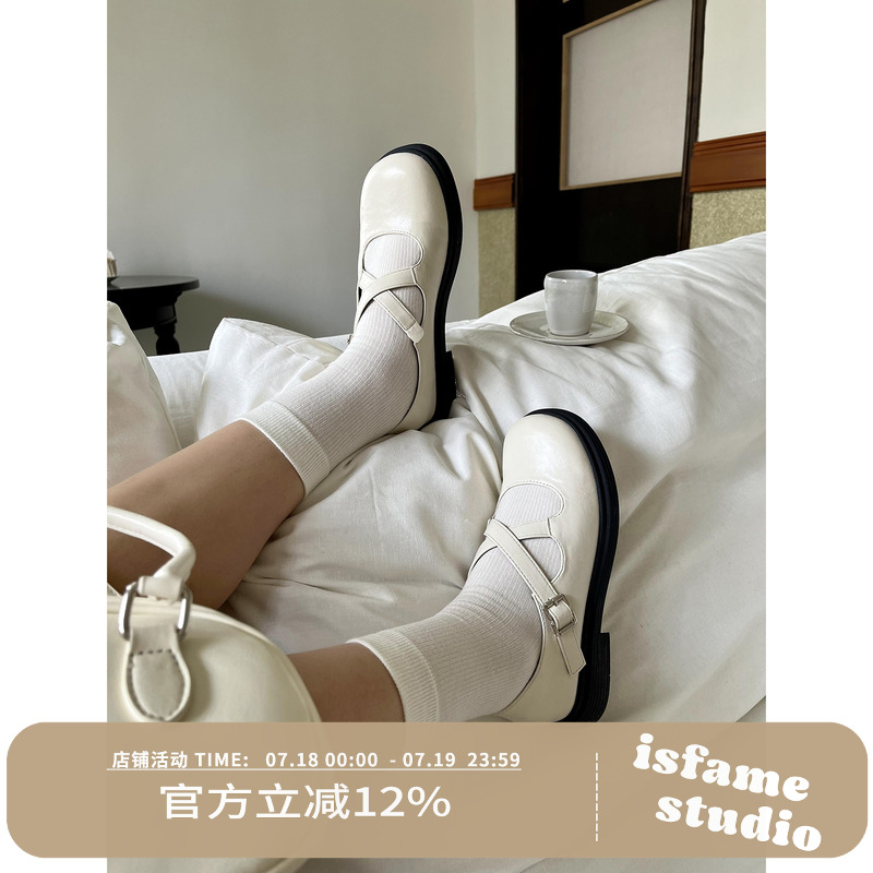 一拾方「甜杏仁」新芒果头厚底交叉带显瘦设计 厚底玛丽珍单鞋