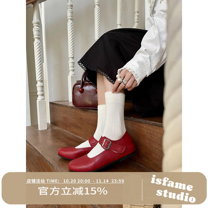 一拾方「红黑日记」小圆头一字设计 软底玛丽珍单鞋