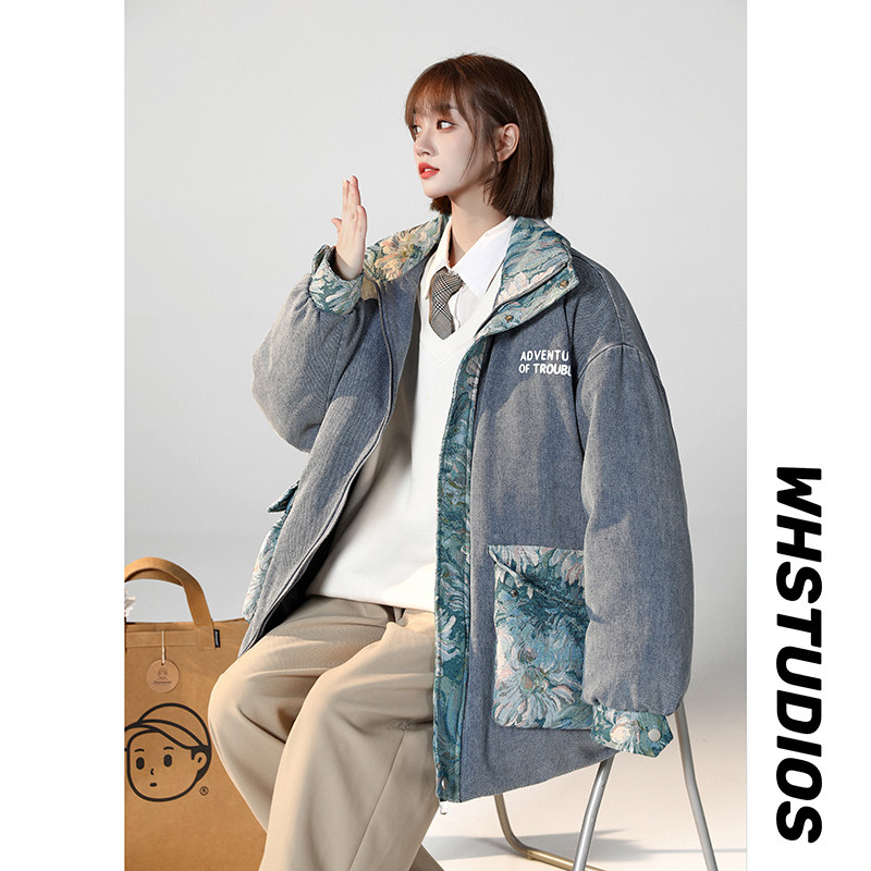 冬季美式水洗做旧牛仔撞色棉衣立领宽松工装面包服1061图片