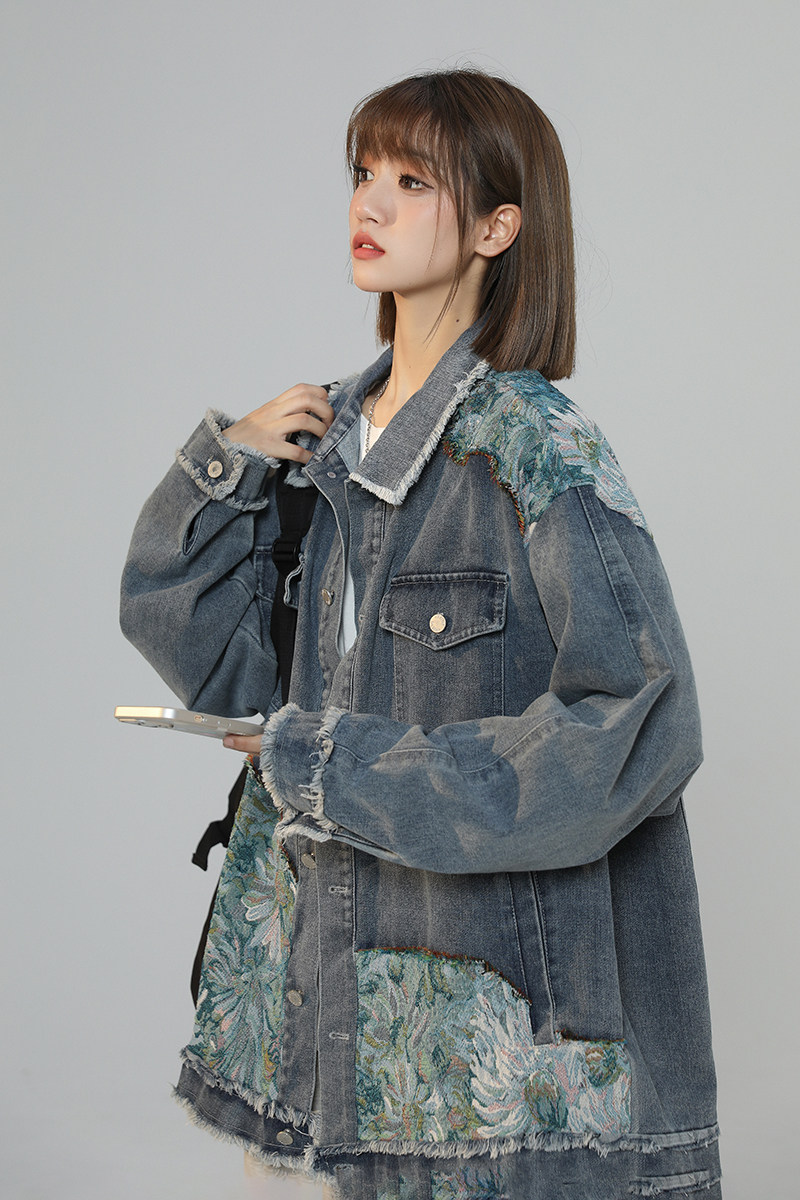 24中性春装夹克日系刺绣拼接牛仔复古宽松大码外套1111-P98,女装短外套,星座227-6