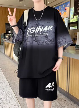潮流休闲运动套装男装夏季大码宽松短袖短裤加肥加大潮胖子两件套