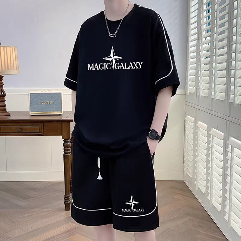 夏季休闲运动短裤套装男初中高中学生青少年大童冰丝速干两件套潮