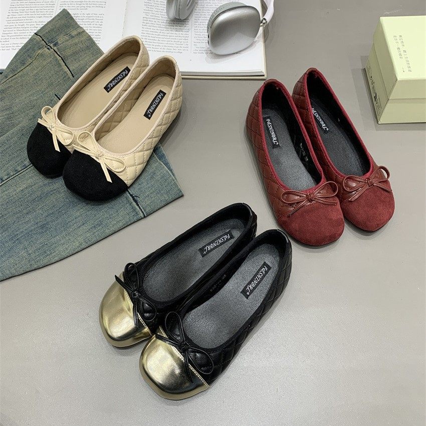 26新款小香风真皮拼色蝴蝶结菱格低跟浅口时装单鞋女一脚蹬懒人鞋,女鞋,时尚休闲鞋,淘宝优惠券,粉丝福利购,淘宝优惠卷