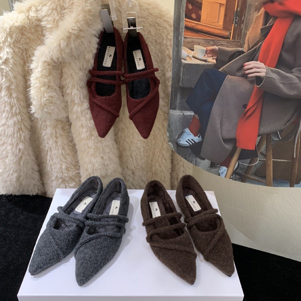 q69-77a~内~法式尖头玛丽珍毛毛鞋女2025年冬季新款加绒棉鞋