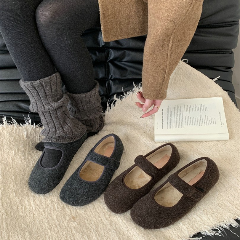 ～可爱圆头魔术贴加绒单鞋女保暖毛毛玛丽珍鞋