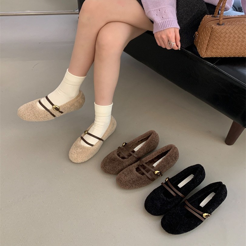法式晚晚风交叉扣带玛丽珍棉鞋女2024秋冬新款外穿舒适百搭毛毛