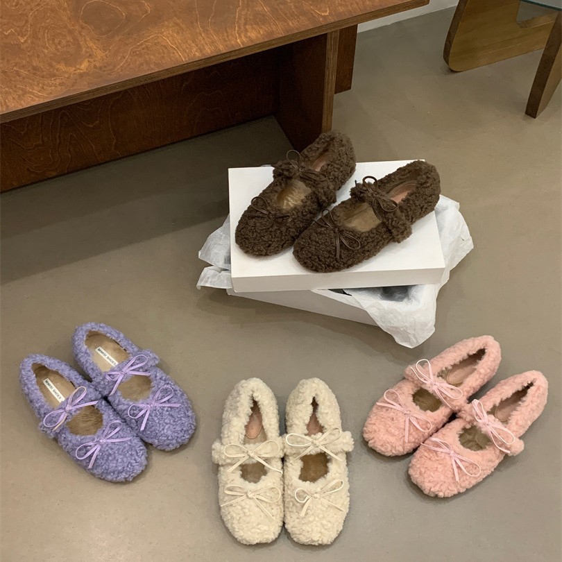 韩版蝴蝶结毛毛鞋2025秋冬新加绒豆豆鞋浅口单鞋百搭平底保暖