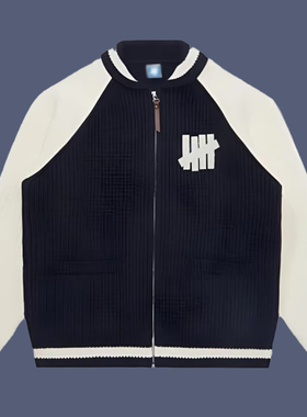 HIAUTO UND秋冬季明星同款拼接毛衣男女情侣款植绒LOGO图案外套