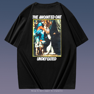 不败五道杠夏季短袖HIAUTO UND 油画宣告印花男女情侣款运动T恤潮