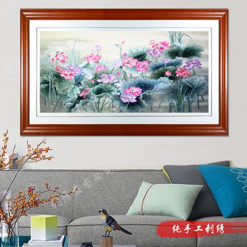 蜀绣精品荷花莲花 送领导礼物手工刺绣 新中式现代美高档别墅装饰