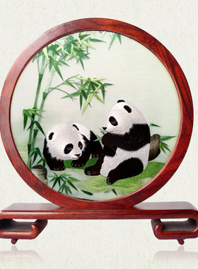 蜀绣熊猫摆件纯手工礼品老外
