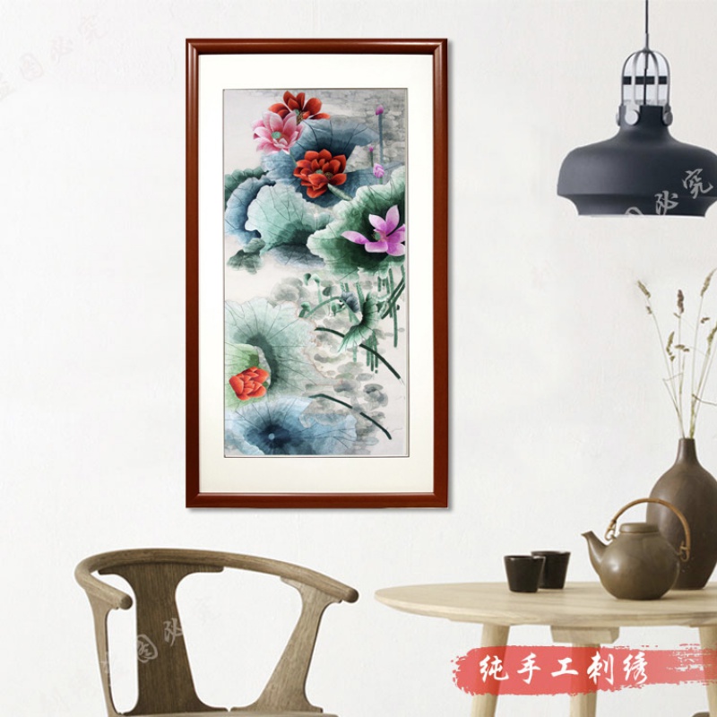 蜀绣精品 荷花莲花 手工刺绣观赏性装饰画企业会议高档别墅工艺品