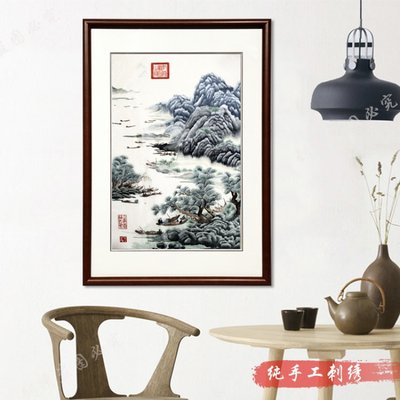 蜀绣 唐寅山水画 唐伯虎 国画水墨画 古典纯手工刺绣精品