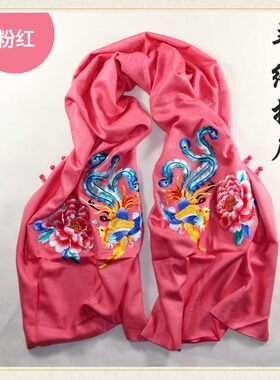 蜀绣披肩围巾羊绒真丝刺绣精品女秋冬季中长款百搭女士中国风礼品