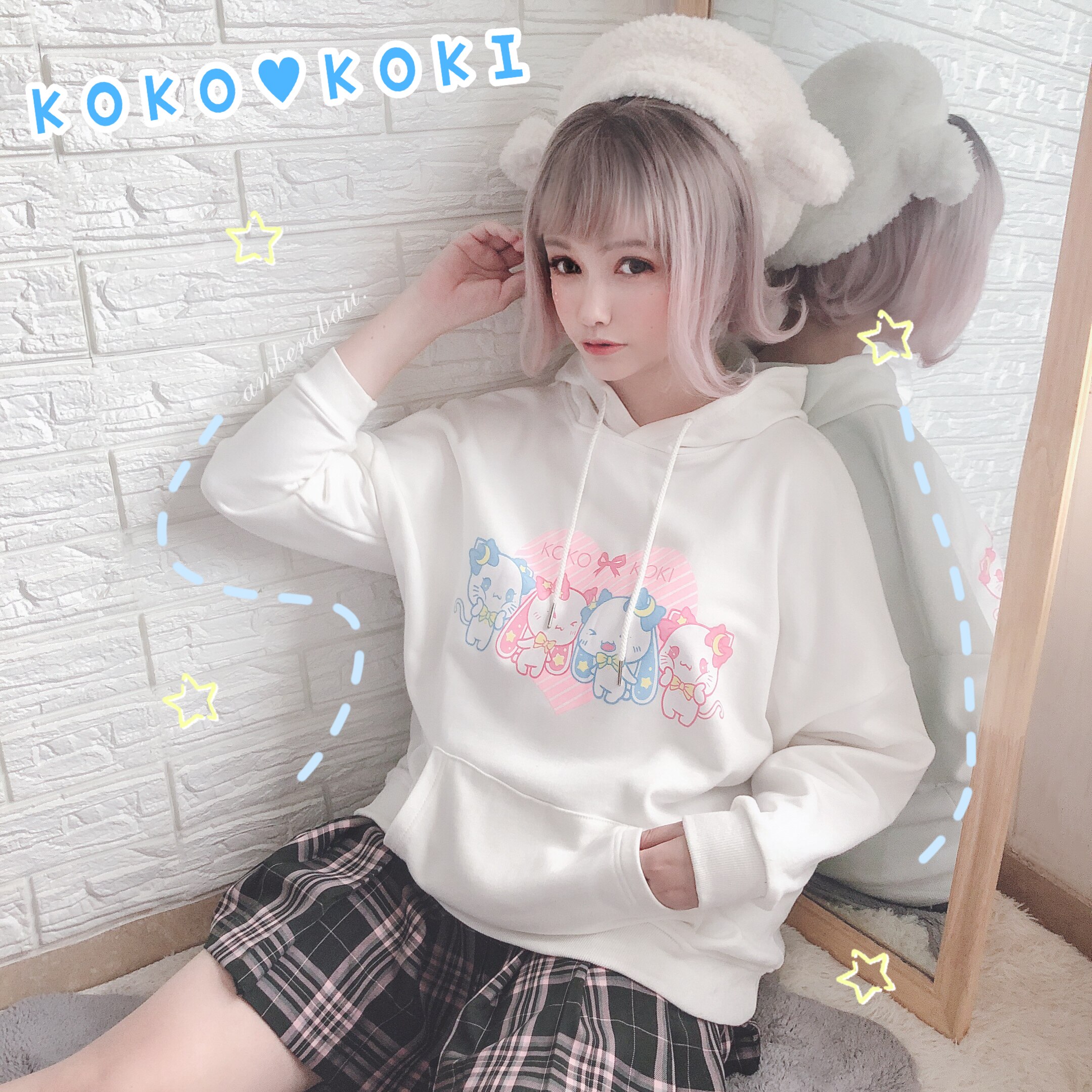 星月兔 正品日常款休闲软妹可爱印花卡通带帽纯白卫衣