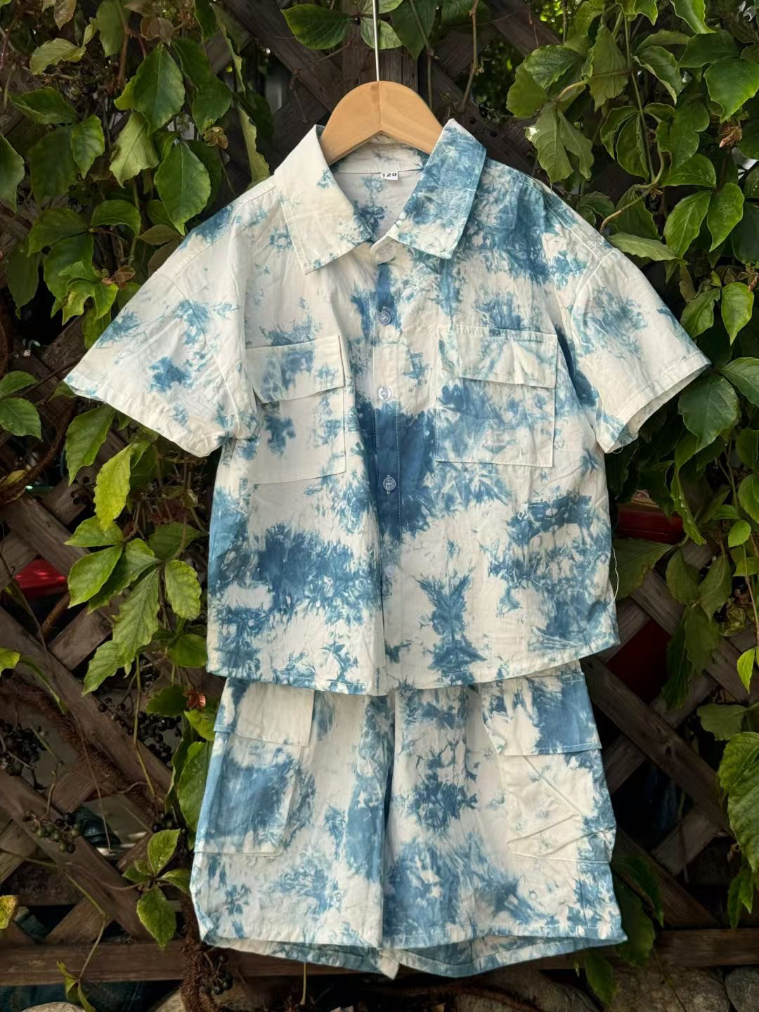 原创手工植物蓝染文艺棉麻小清新短袖宽松两件套男童扎染套装
