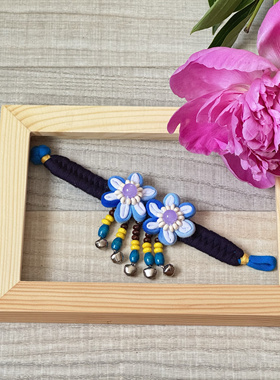 儿童手链云南大理丽江手工扎染蓝染手链民族风手工布艺铃铛手链