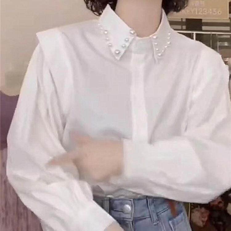 白色POLO翻领长袖衬衫女2025春季新款上衣气质衬衣时髦珍珠